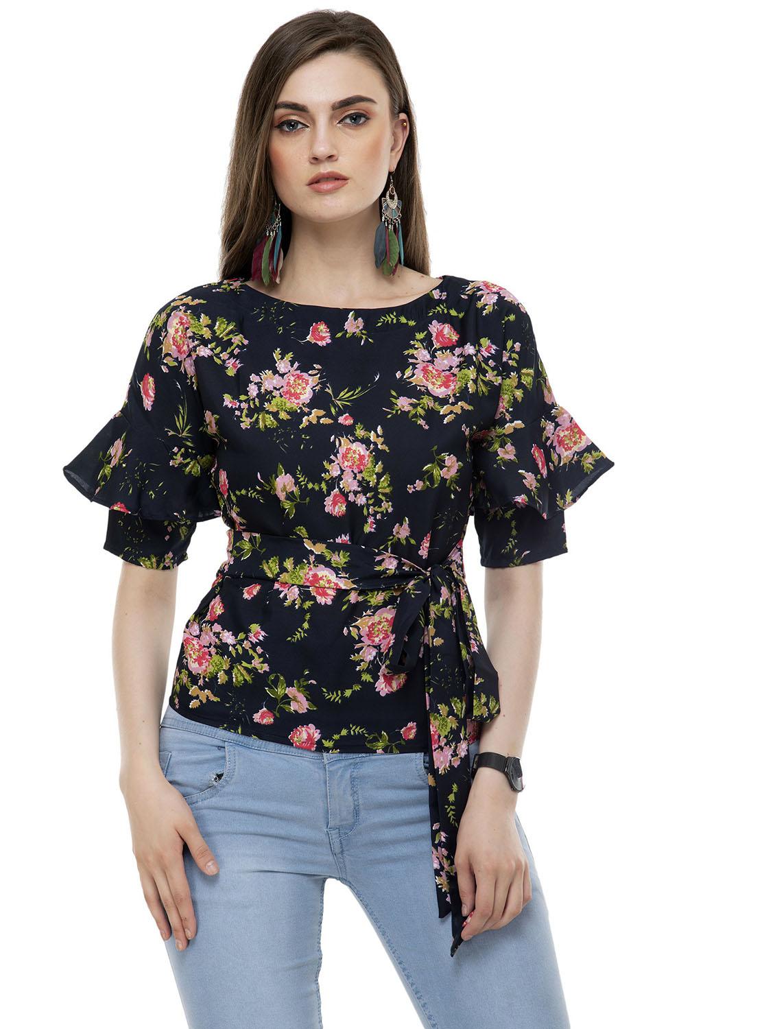 women floral print waist tie  top - 20510377 -  Zoom Image - 0