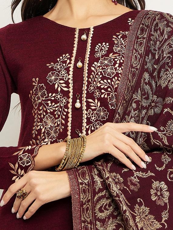maroon self design winter wear set - 20511526 - Standard Image - 3