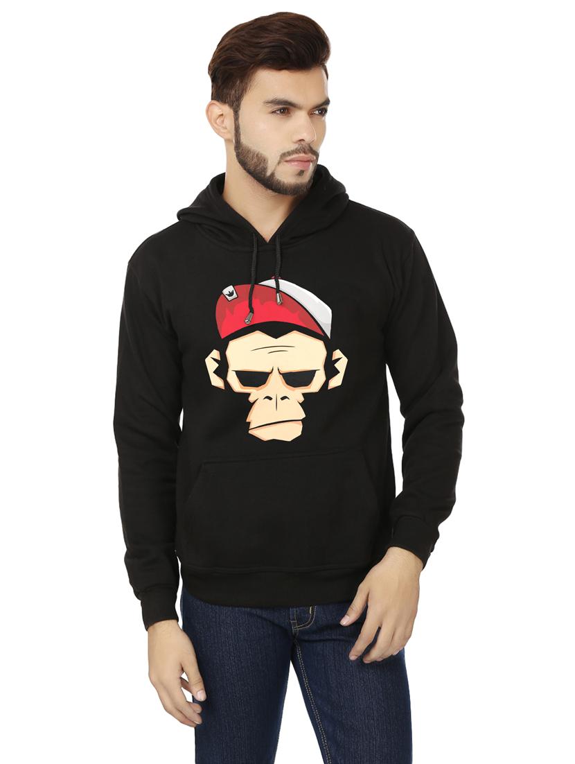 men graphic printed black fleece hooded sweatshirt