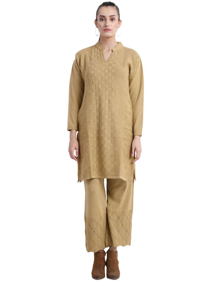 women beige mandarin neck kurta palazzo set