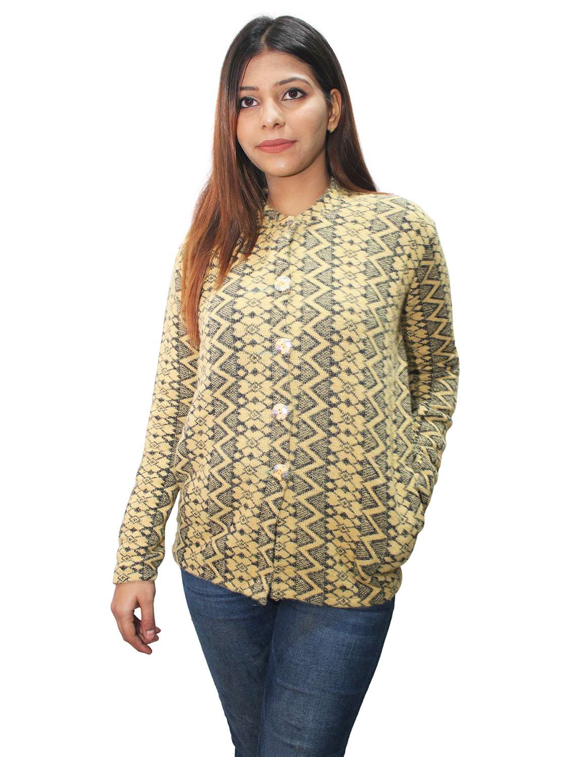 women woollen printed cardigan