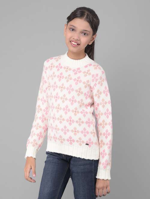 girls white self-designed regular sweater - 20512598 - Standard Image - 0