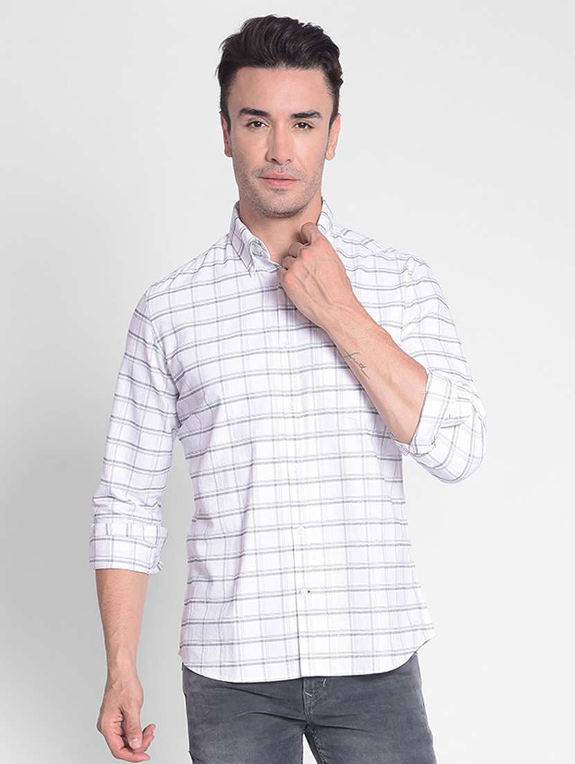 men checkered white cotton slim fit casual shirt