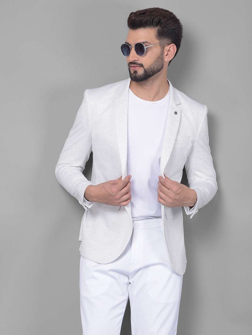 men self designed white polyester single breasted casual blazer