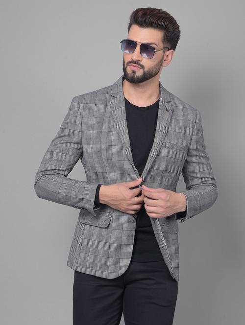 men checkered grey polyester single breasted casual blazer - 20512637 - Standard Image - 0