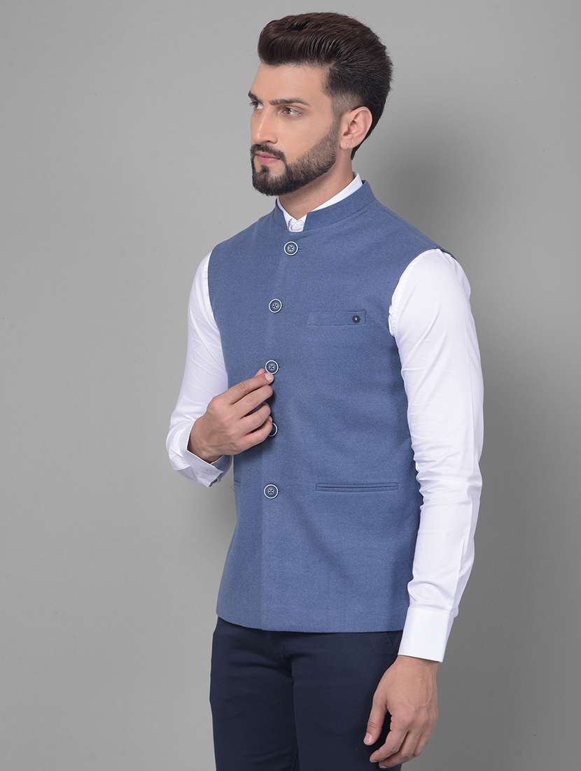 men solid blue classic waist coat