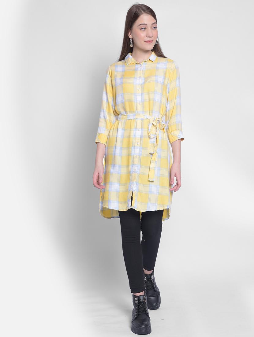 women yellow lyocell checked shirt dress - 20512724 - Zoom Image - 0