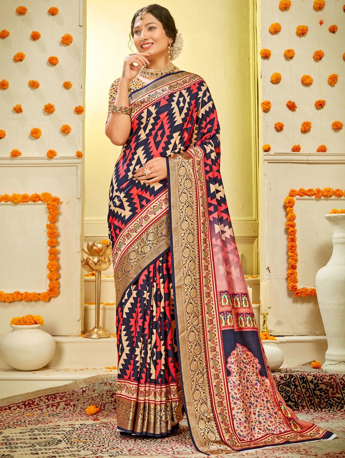women's self design navy blue colored saree with blouse - 20512785 - Zoom Image - 0