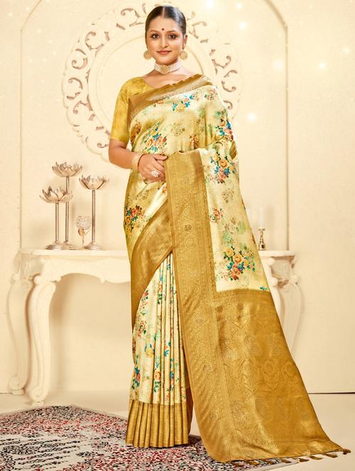 women gold floral printed bordered saree - 20512853 - Standard Image - 0