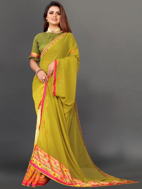 women's floral olive colored saree with blouse - 20512913 - Standard Image - 0