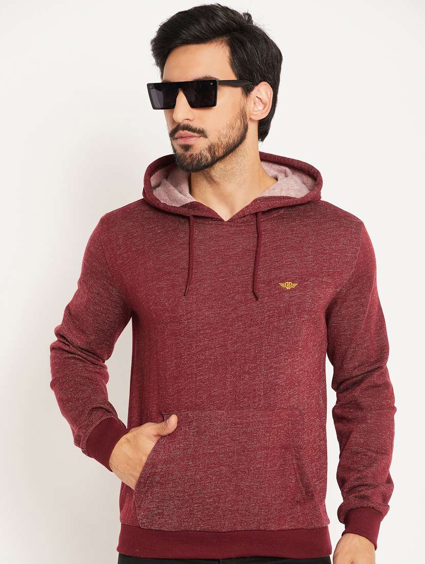 men maroon melange hooded sweatshirt