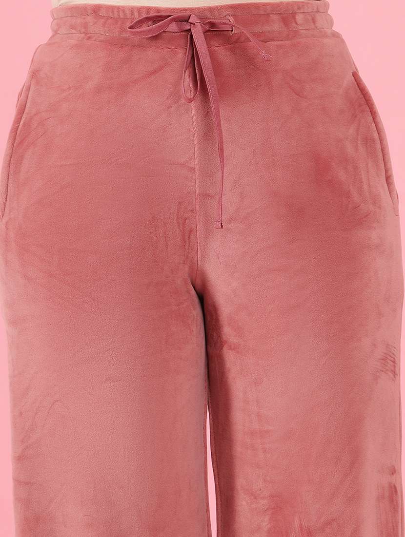 women solid pink velvet relaxed fit trouser - 20516063 -  Standard Image - 5