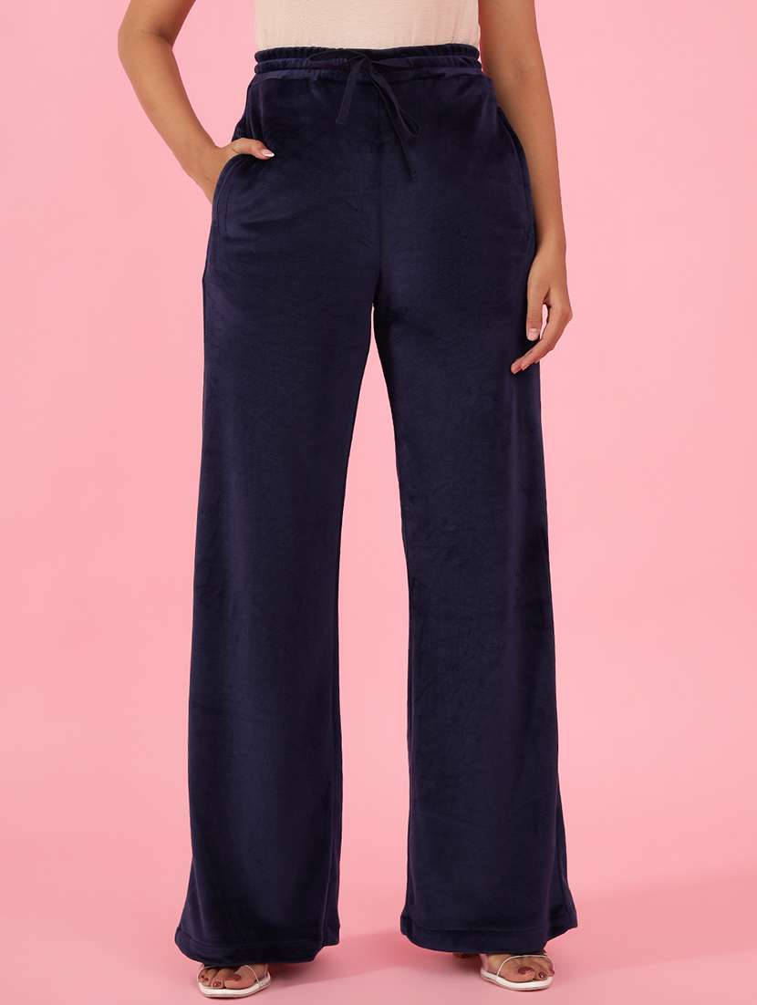 women navy blue solid velvet relaxed fit trouser