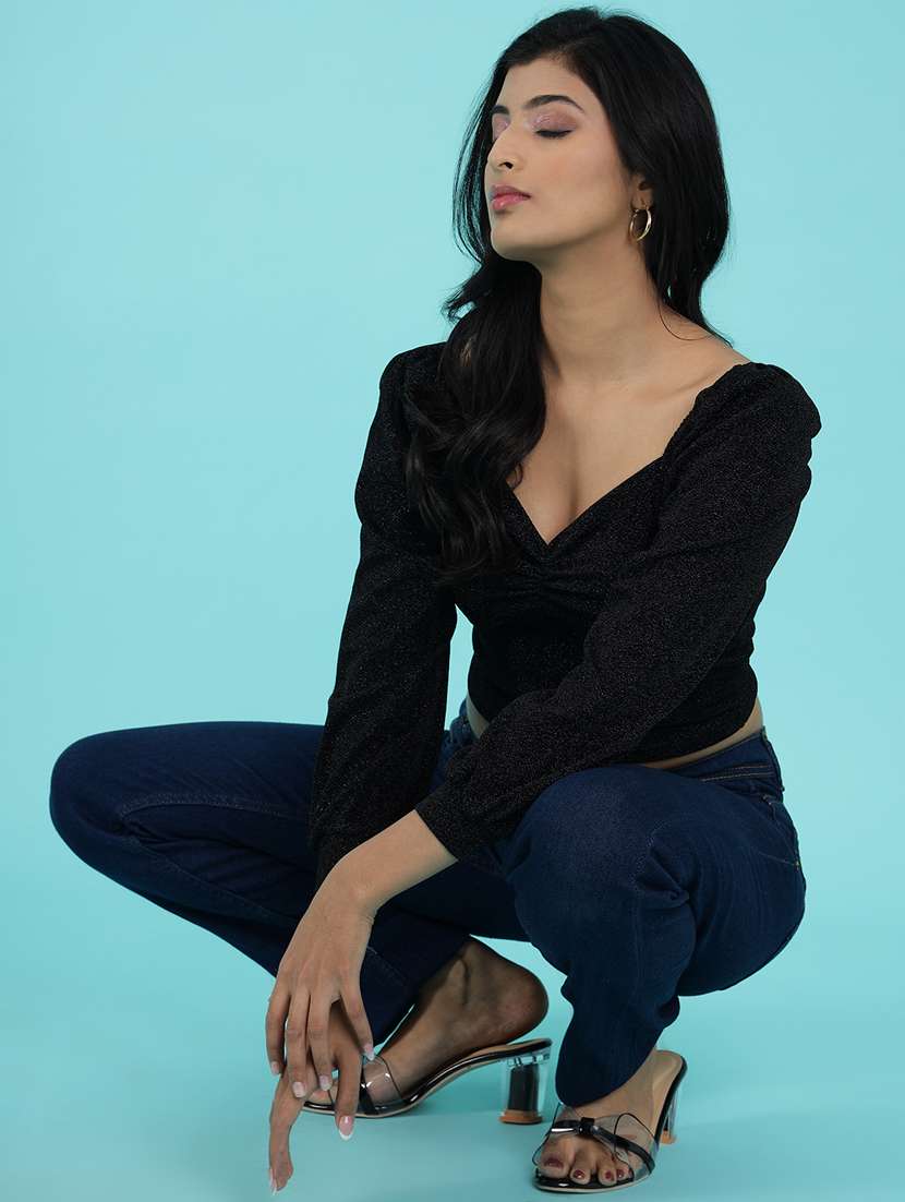 women black solid long sleeve crop top - 20516921 -  Standard Image - 5