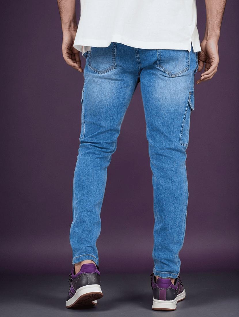 men solid blue cargo plain jeans - 20519938 - Standard Image - 5
