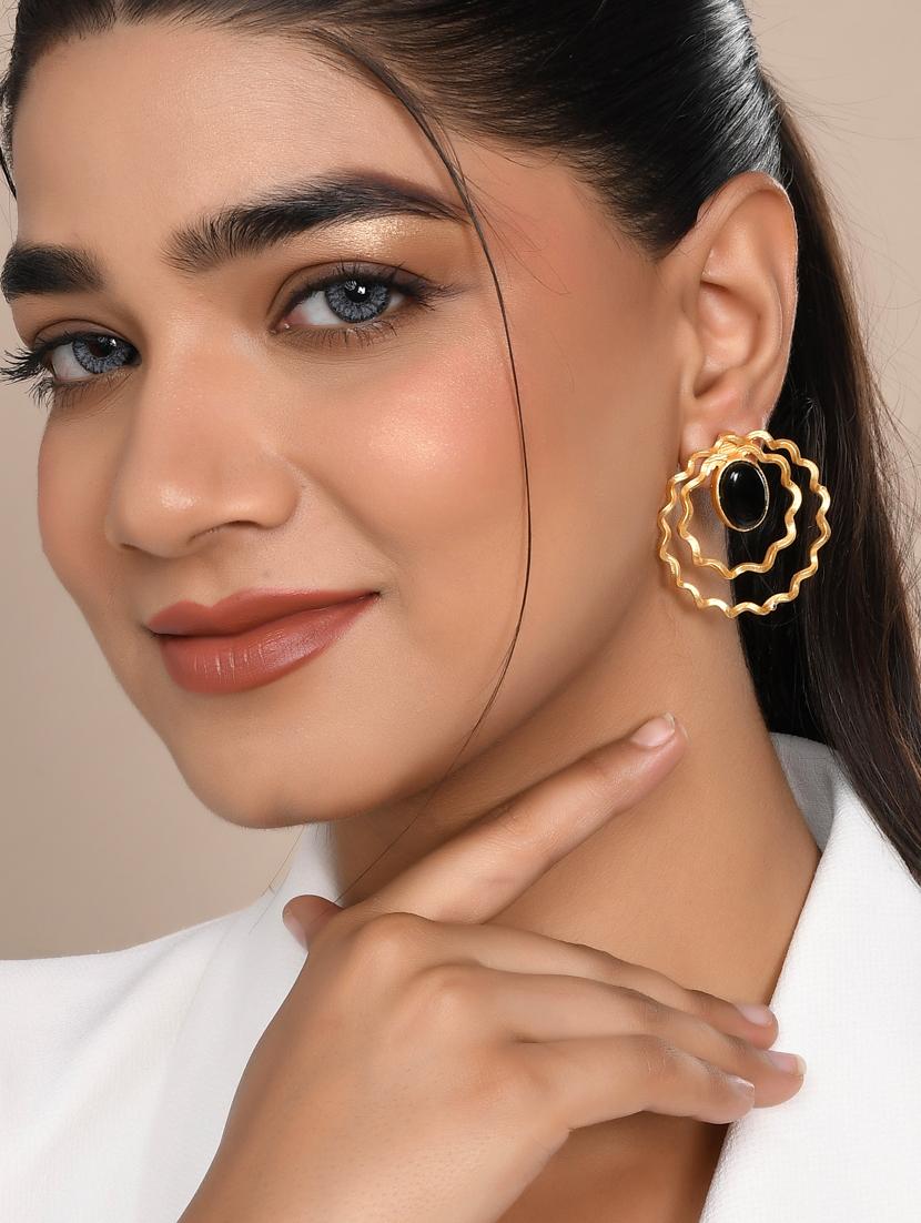 gold plated black stone drop earring - 20520271 - Standard Image - 3