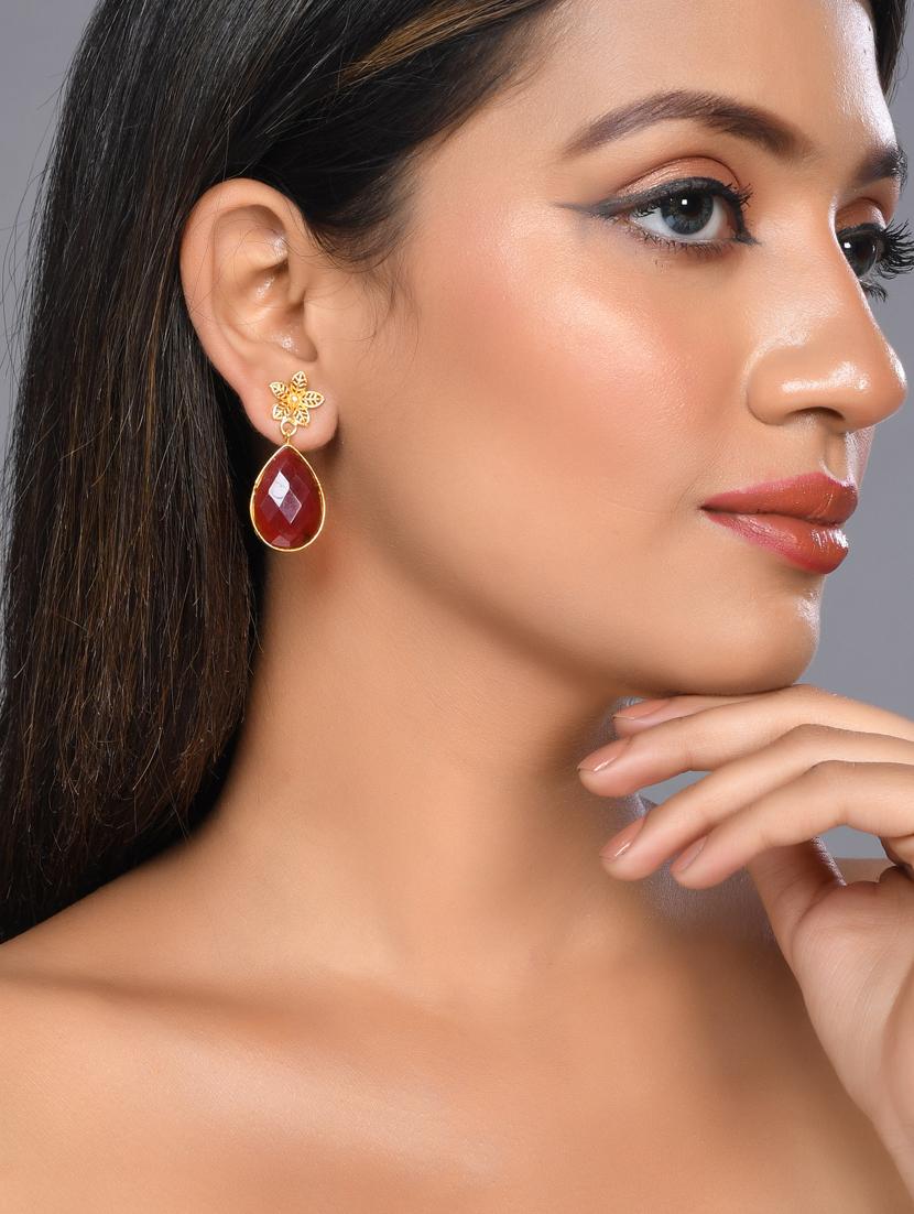 glod plated red stone drop earring - 20520285 - Standard Image - 3