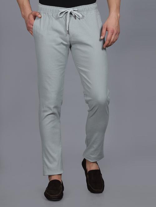 men solid grey linen slim fit casual trouser - 20522451 -  Standard Image - 0