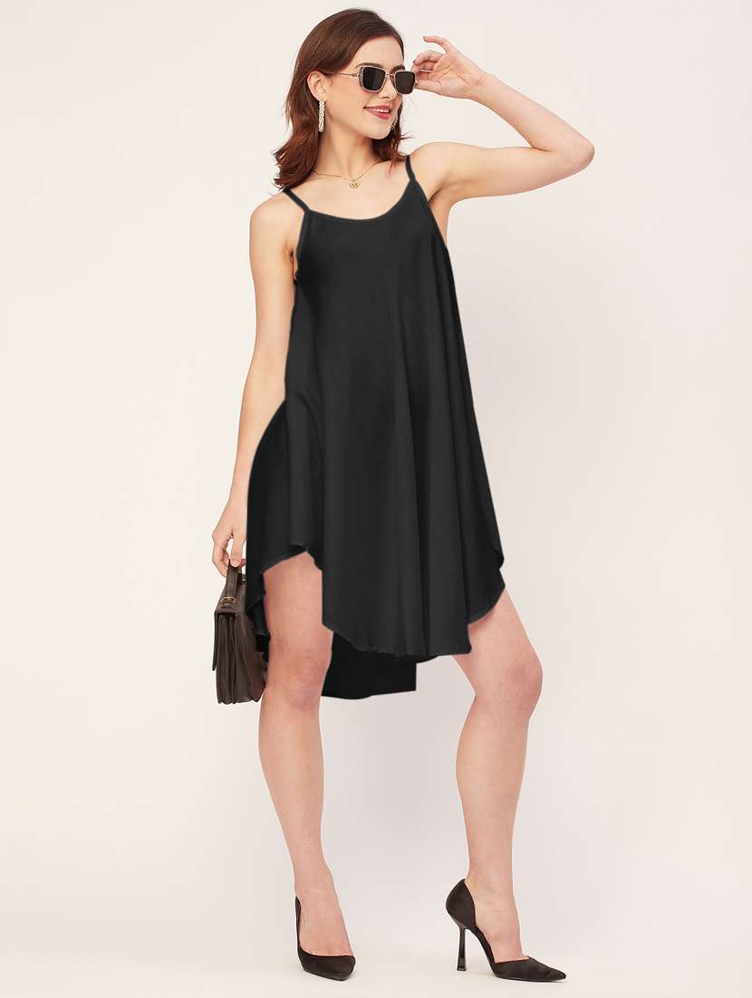 women solid sleevless asymmetric dress
