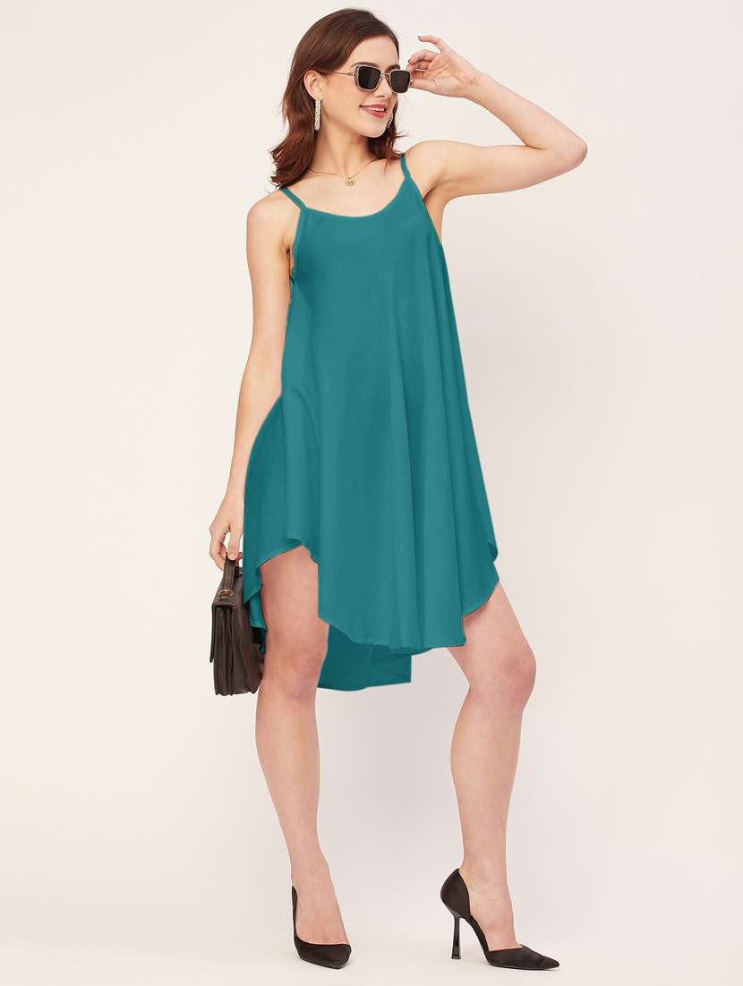 women solid sleevless asymmetric dress