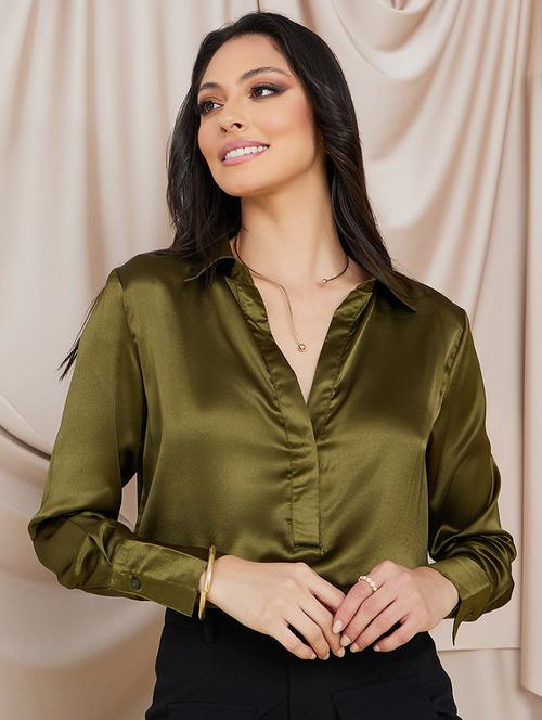 women olive satin regular shirt - 20533832 - Standard Image - 0