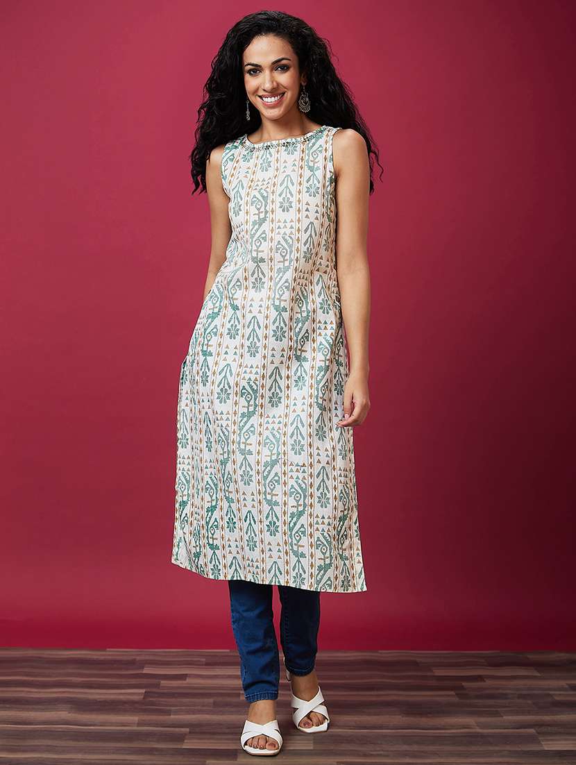 off white printed straight kurta - 20533978 -  Zoom Image - 0