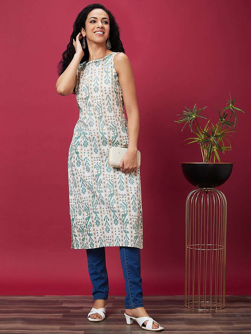 off white printed straight kurta - 20533978 - Standard Image - 3
