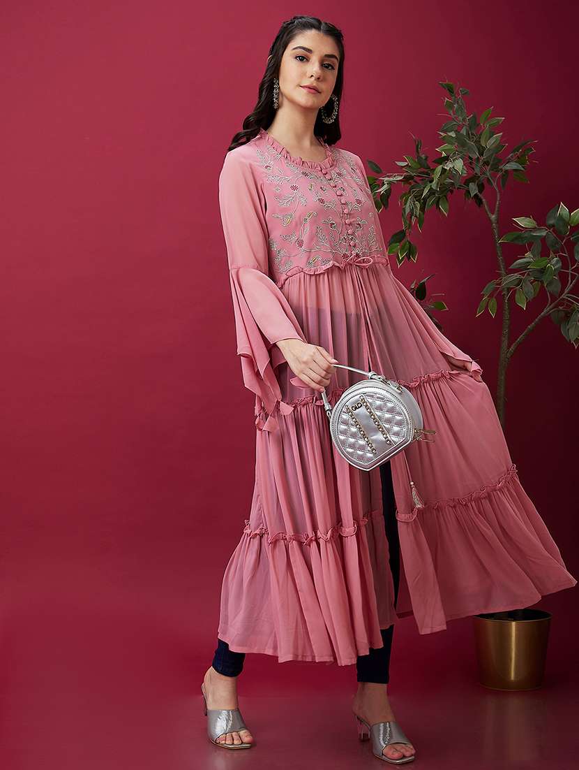 pink embroidered front slit kurta - 20534171 -  Standard Image - 3