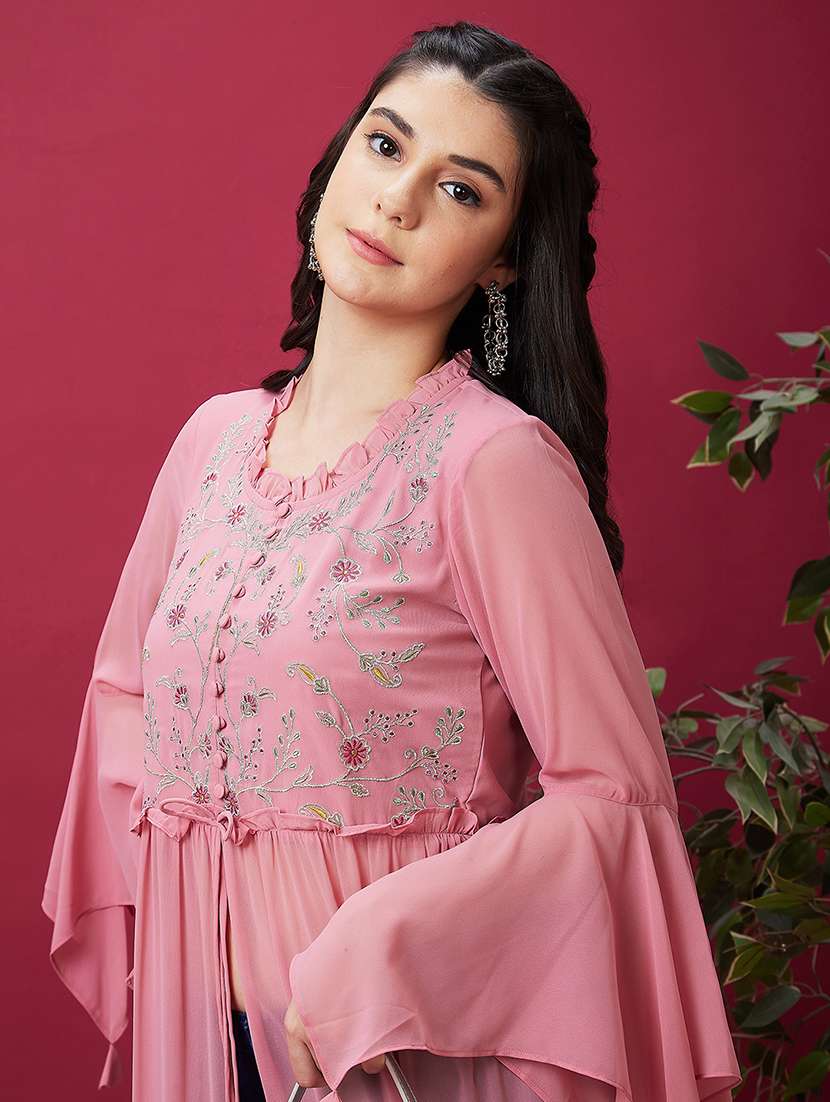 pink embroidered front slit kurta - 20534171 -  Standard Image - 5