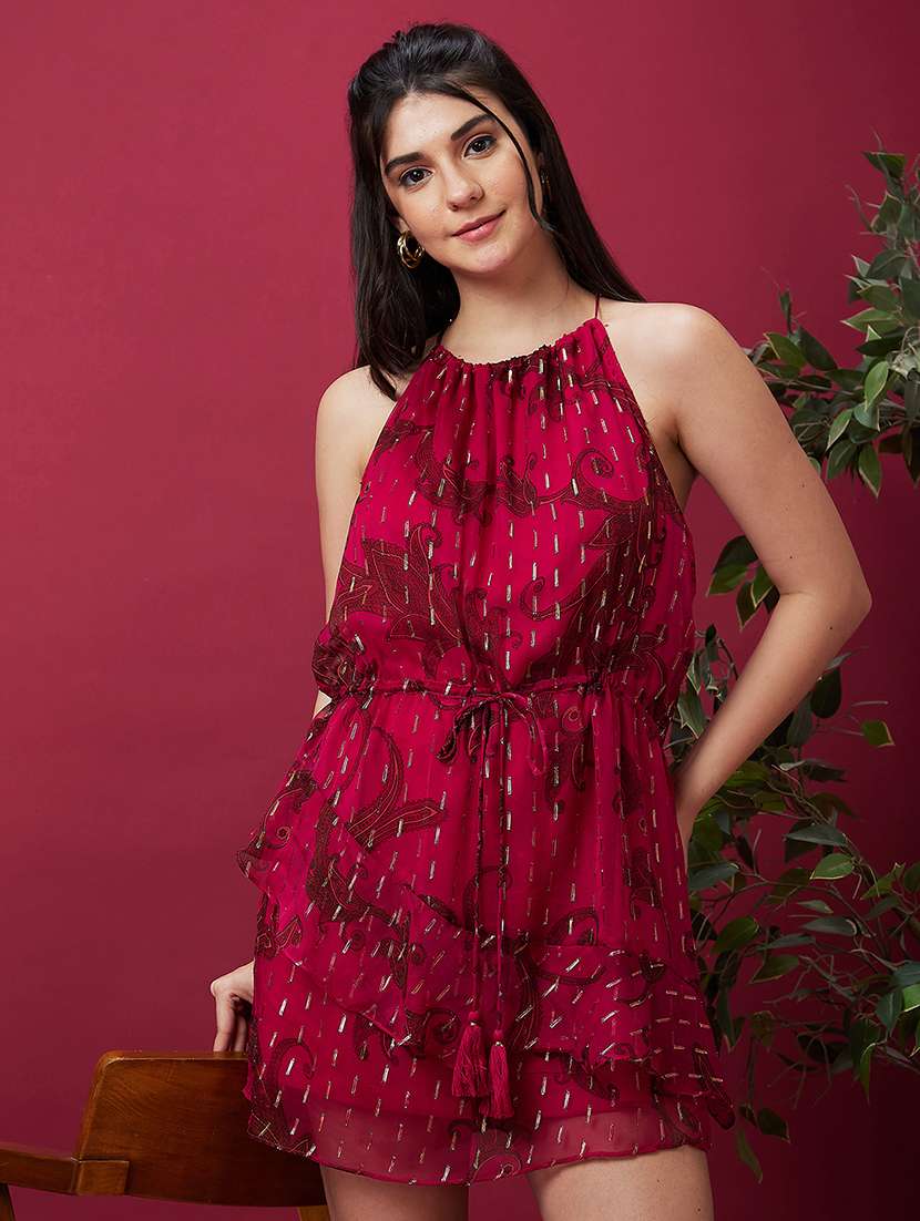 globus women pink halter neck ethnic print waist tie-ups a-line mini party dress - 20534220 -  Zoom Image - 0