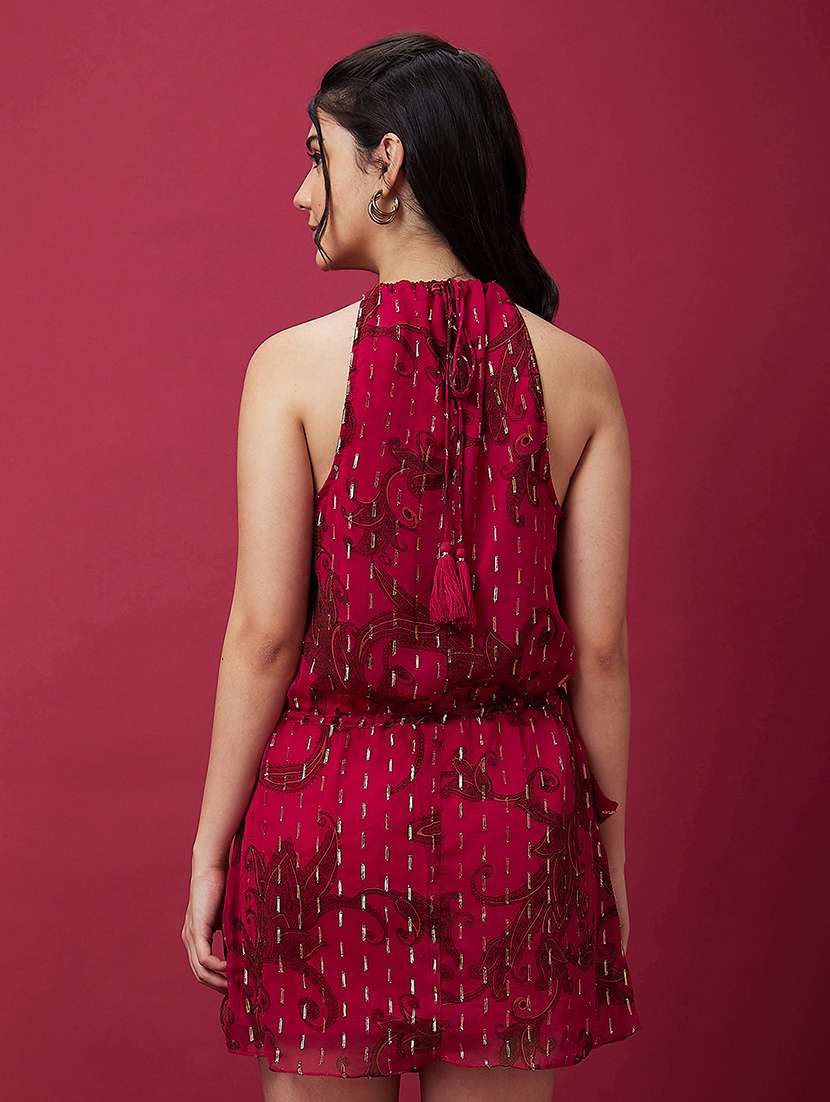 globus women pink halter neck ethnic print waist tie-ups a-line mini party dress - 20534220 - Standard Image - 3