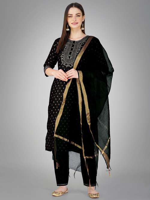 black cotton blend kurta pant set - 20534287 - Standard Image - 0