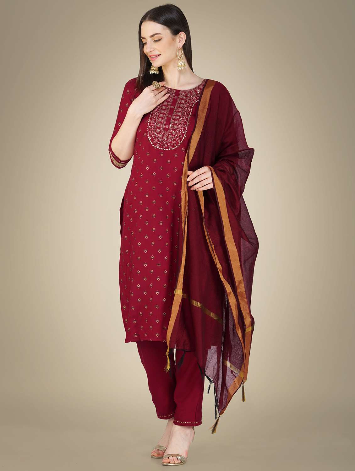 maroon cotton blend kurta pant  set