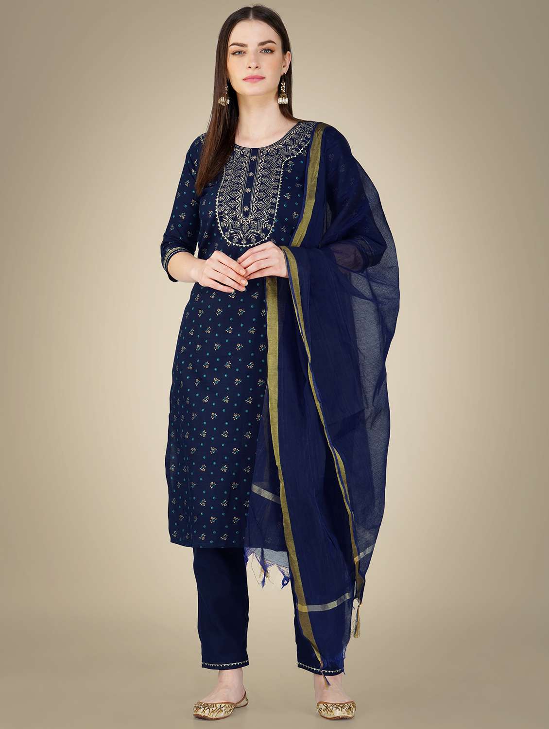navy blue cotton blend kurta pant  set