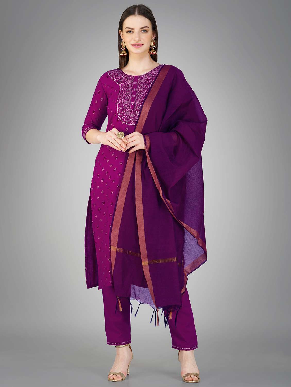 purple cotton blend kurta pant  set
