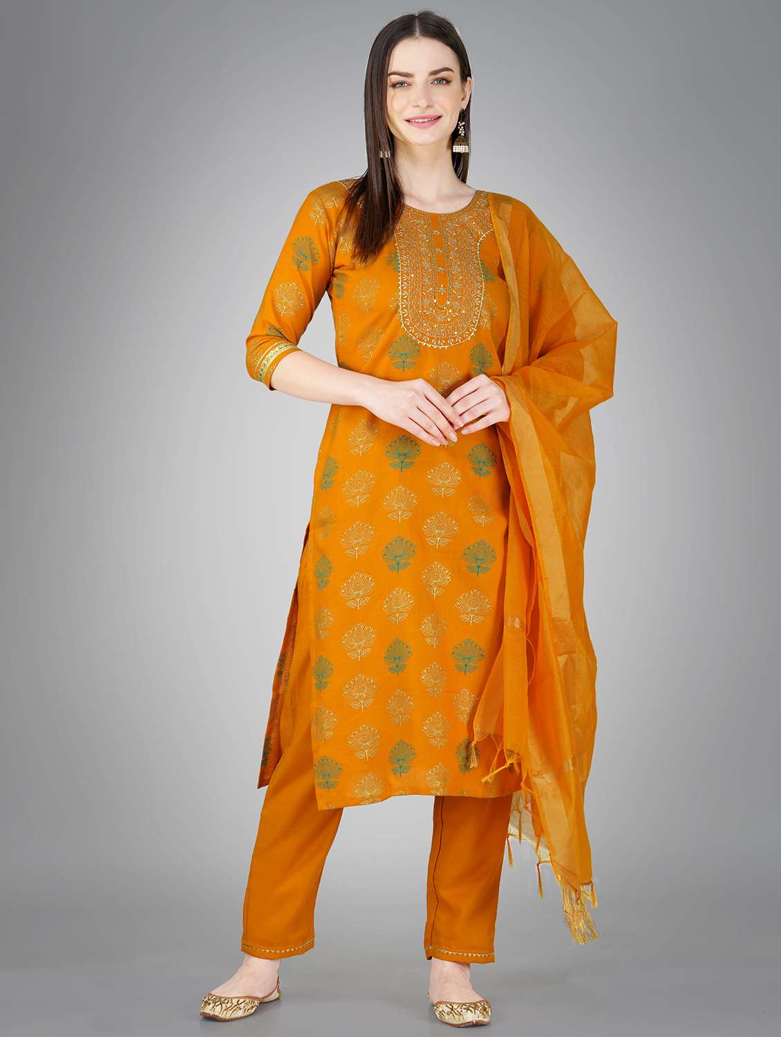 yellow cotton blend kurta pant  set