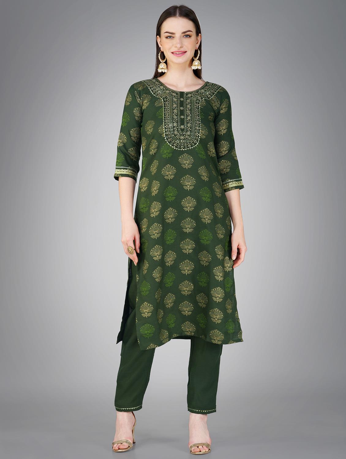 olive cotton blend kurta pant set - 20534298 - Zoom Image - 0