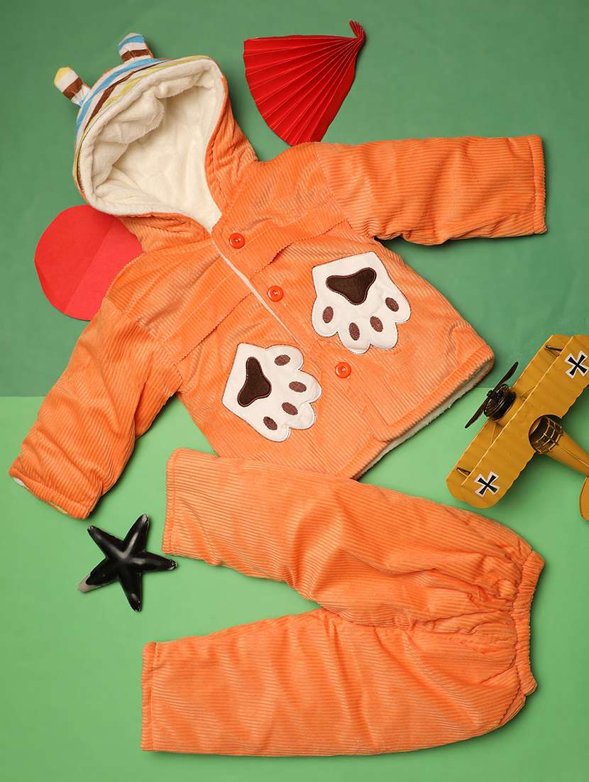 kids buttoned detailed hooded coat & trouser set