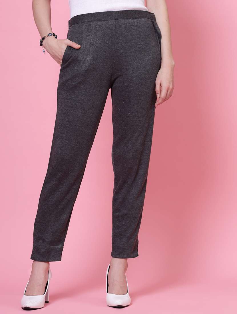 women grey solid woolen pant