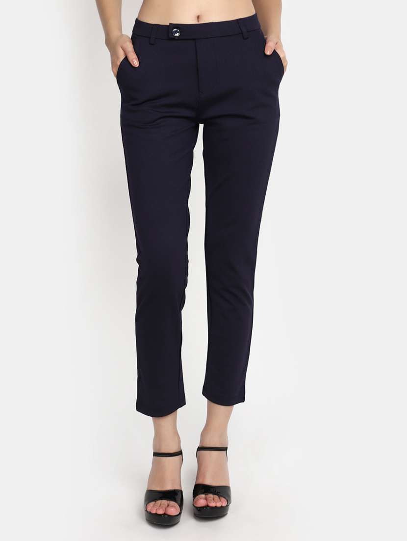 women solid navy blue flat front trouser