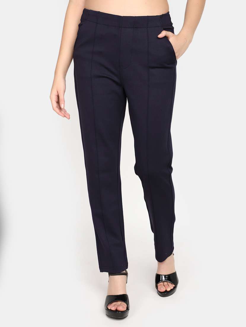 women solid navy blue flat front trouser