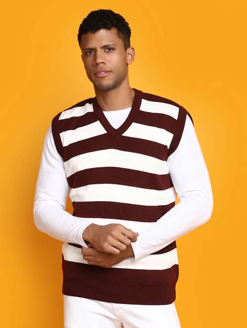 men burgundy & white striped pullover - 20536555 -  Standard Image - 0