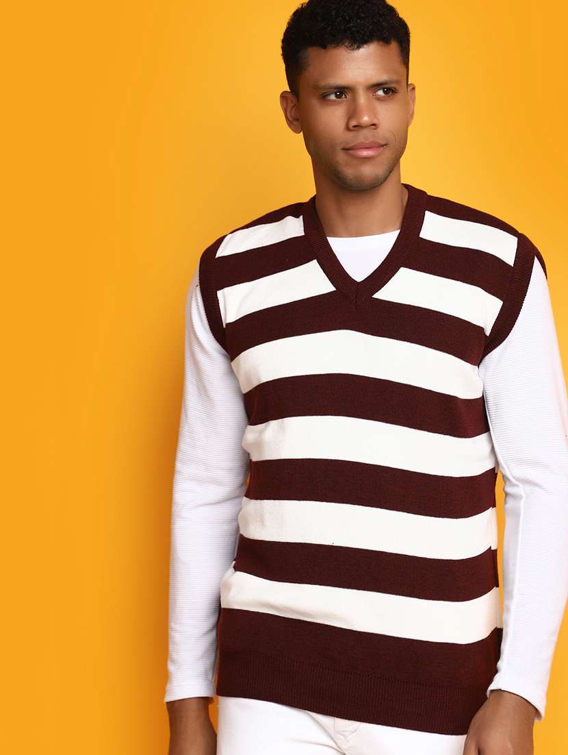 men burgundy & white striped pullover - 20536555 -  Standard Image - 3
