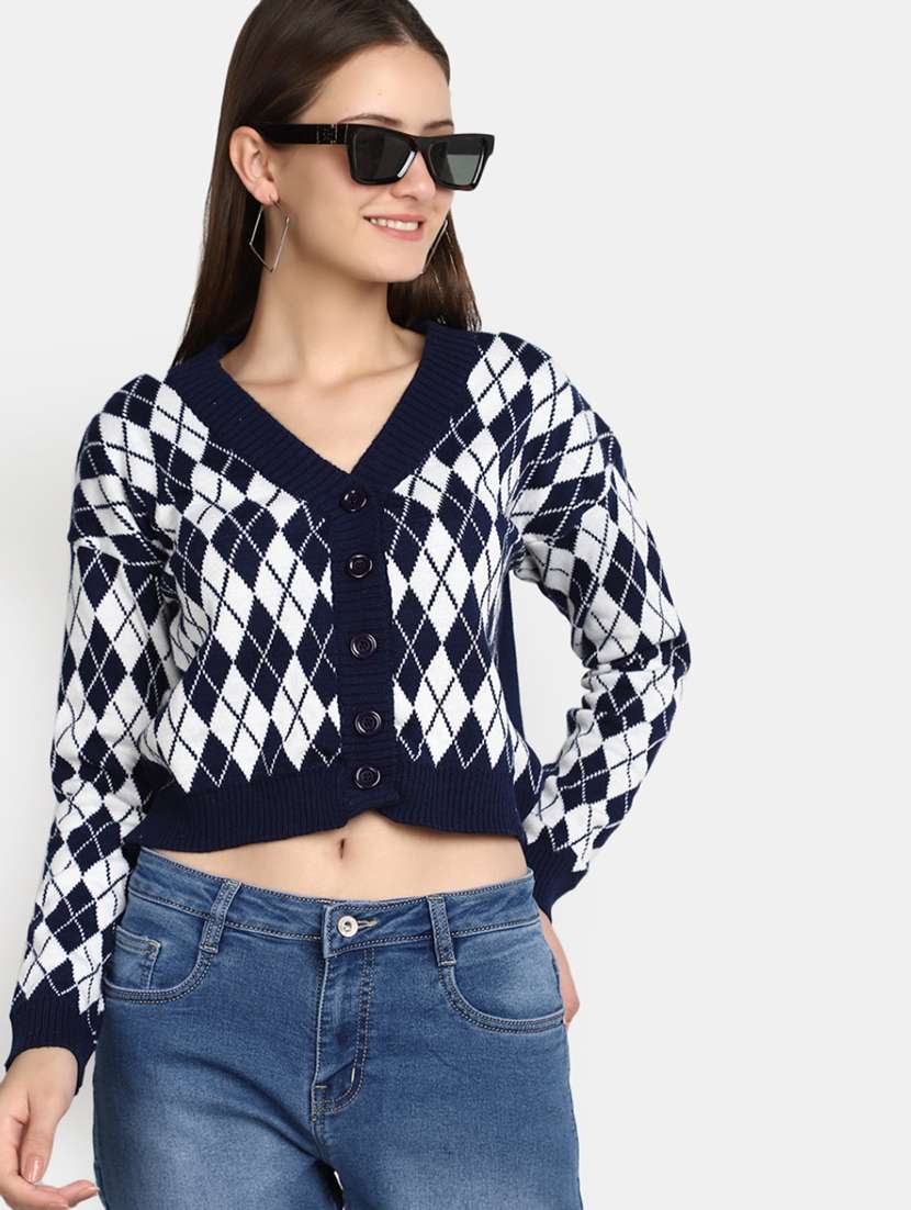 v-neck navy blue acrylic cardigan - 20536699 -  Standard Image - 3