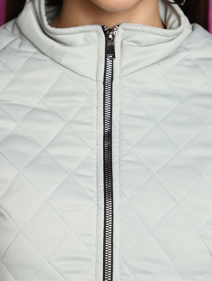 women solid stand collar quilted jacket - 20539577 -  Standard Image - 5