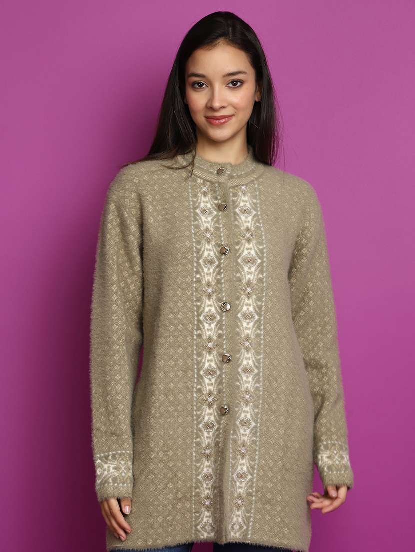 brown embellished woolen cardigan
