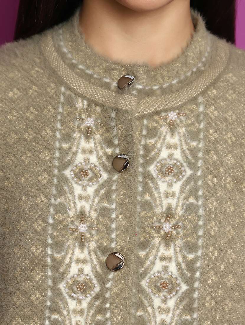 brown embellished woolen cardigan - 20541062 -  Standard Image - 5