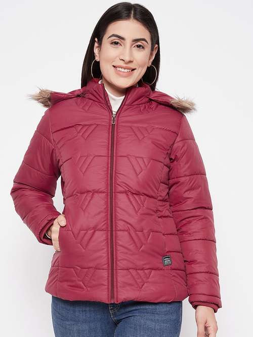 women solid fur hooded detailed parka jacket - 20542123 -  Standard Image - 0