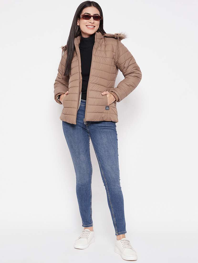 women solid fur hooded parka jacket - 20542124 -  Standard Image - 3