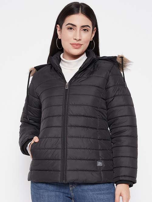 women solid fur hooded parka jacket - 20542125 -  Standard Image - 0